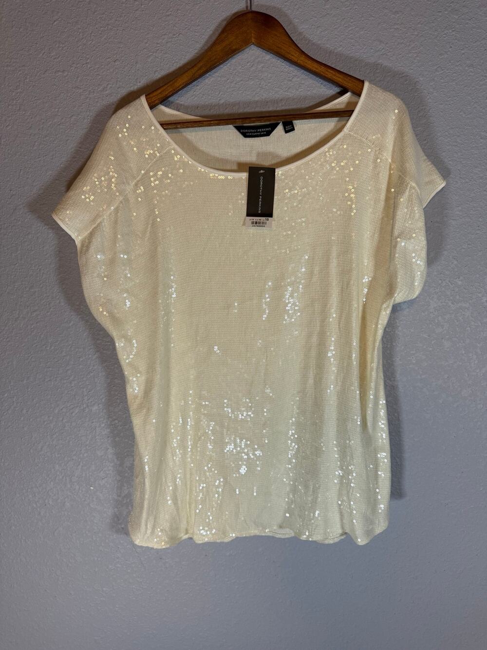 NWT Dorothy Perkins US 14 Ivory Sequin Short Sleeve Top UK 18